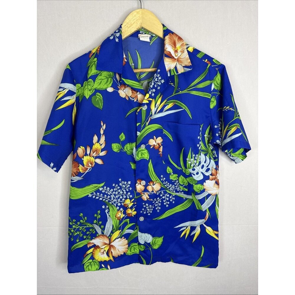 Vintage Hawaiian Aloha Shirt Blue Floral Print‎ Short Sleeve Men’s Small